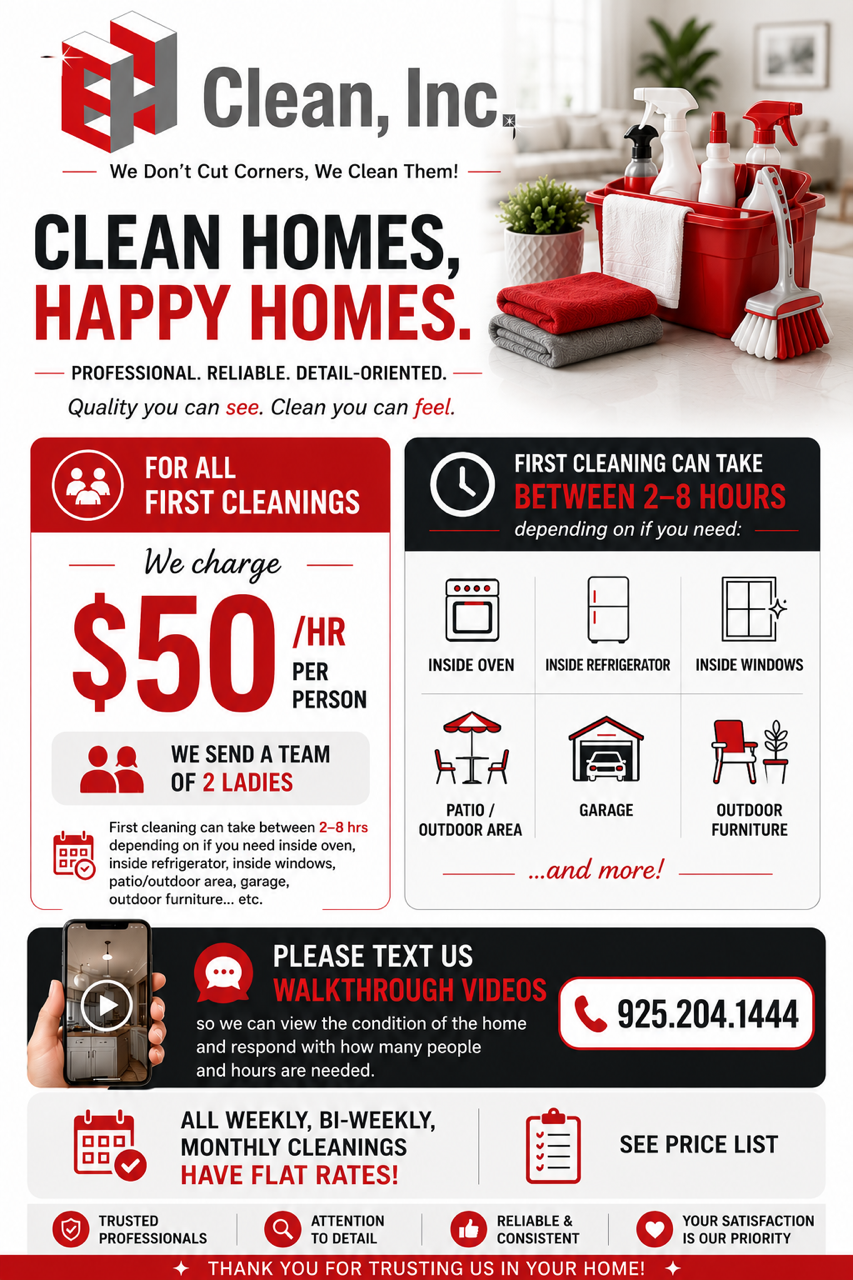 EH Clean first cleaning pricing at $50 per hour per cleaner