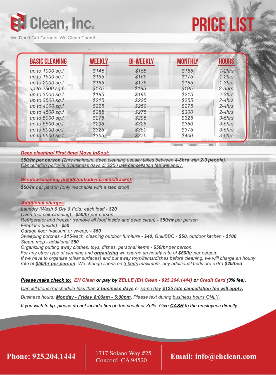 EH Clean residential recurring cleaning rate sheet